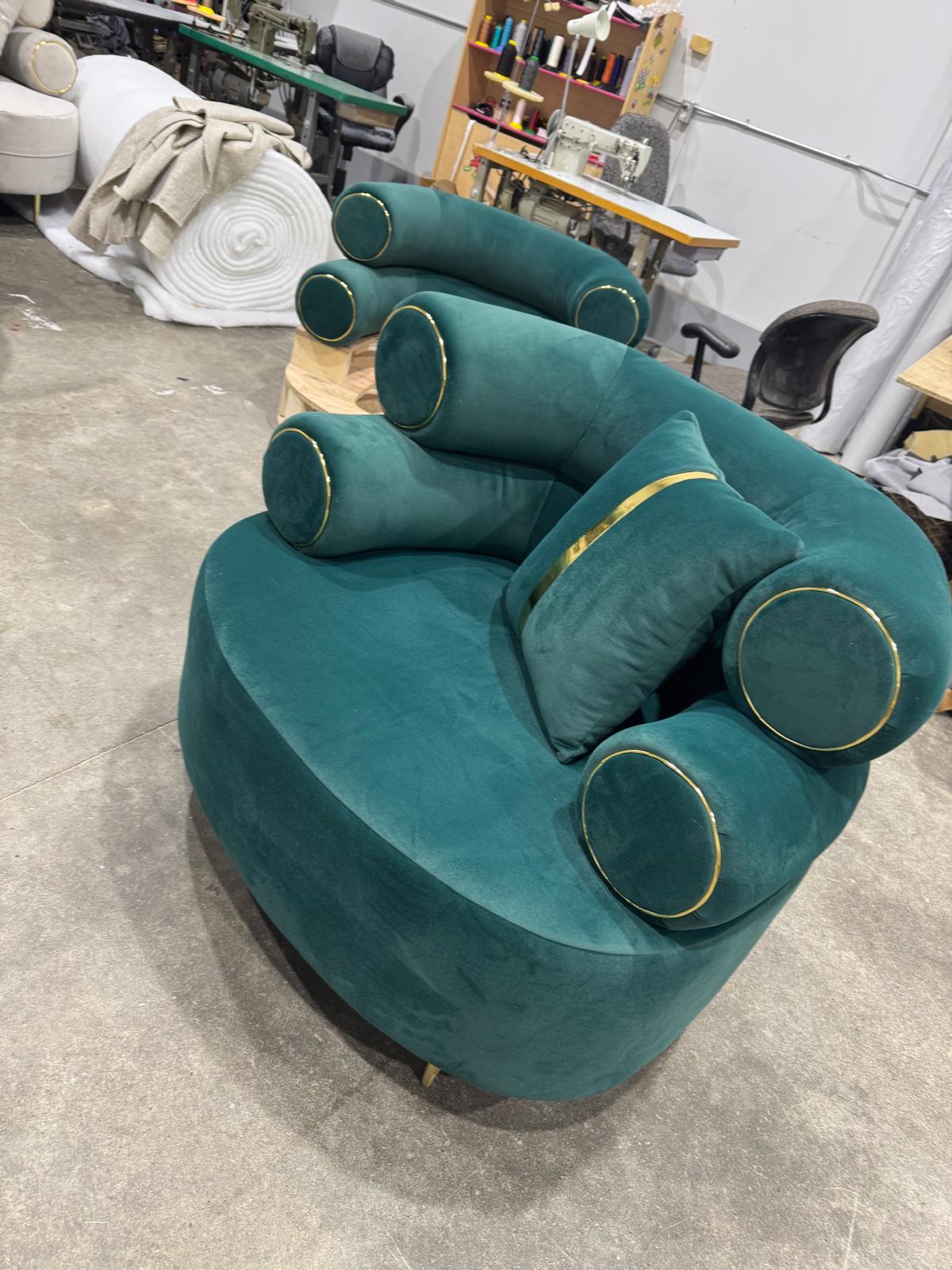 Luxury teal velvet armchair with gold piping