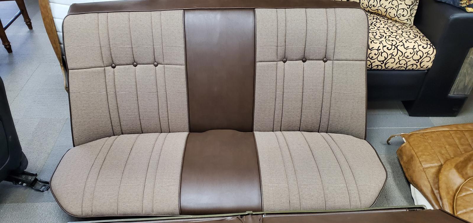 Classic bench seating with mixed fabric and leather upholstery